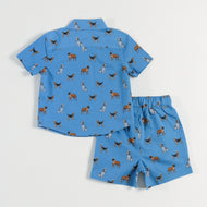 “Baby Boys Blue Dog Print Cotton Shirt & Shorts Co-Ord Set – Soft, Breathable & Stylish Summer Outfit"