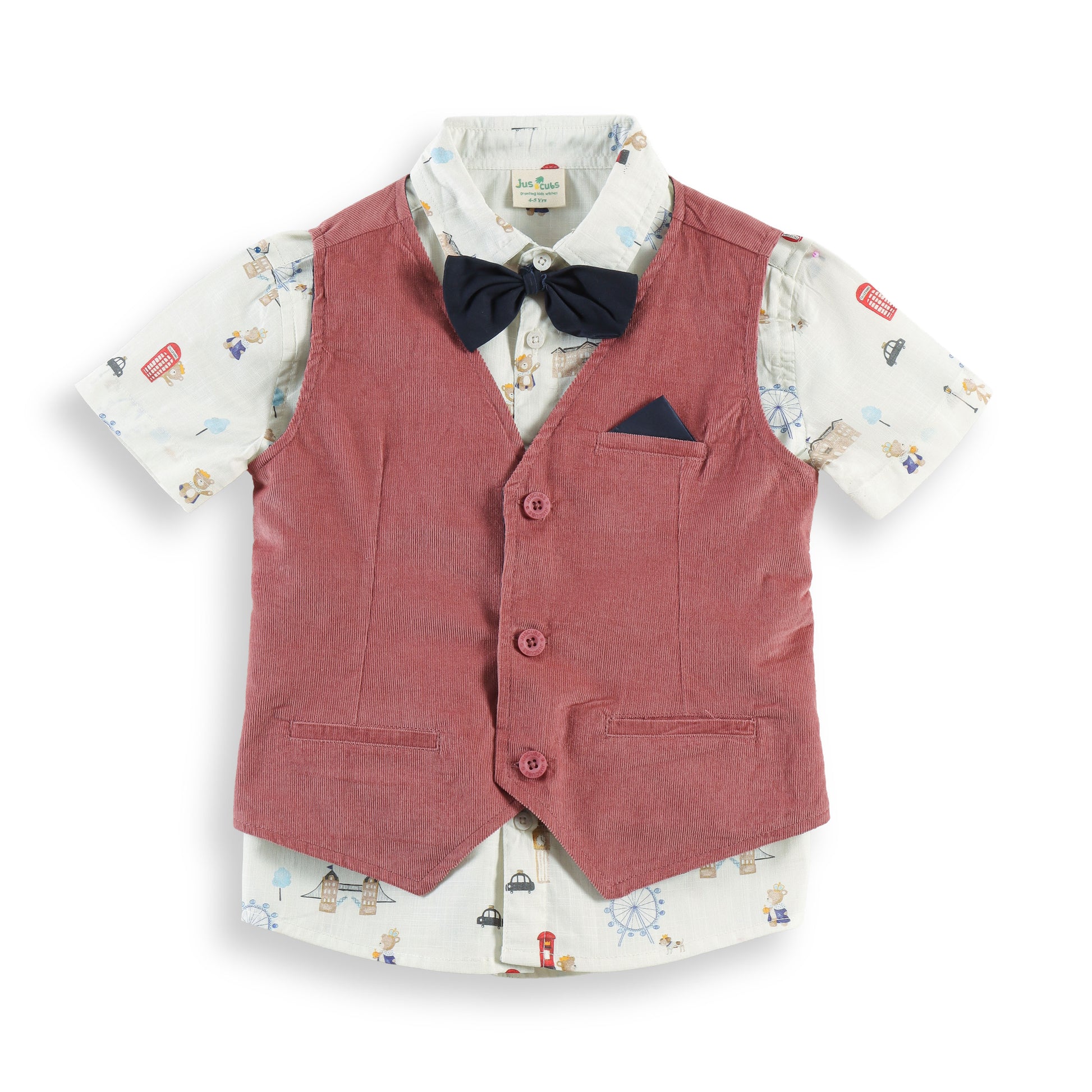 "Baby Boys Rust Corduroy Waistcoat & Pant Set with Printed Shirt & Bow Tie"