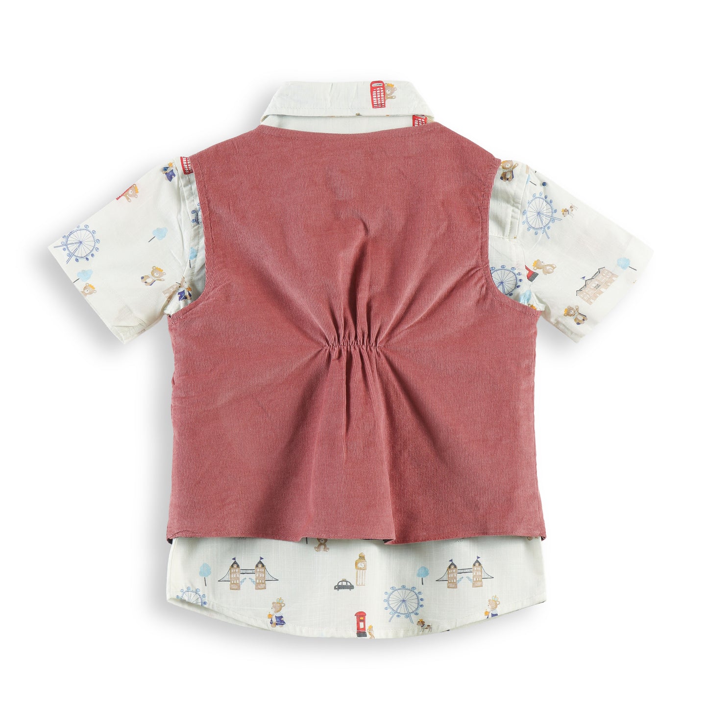 "Baby Boys Rust Corduroy Waistcoat & Pant Set with Printed Shirt & Bow Tie"