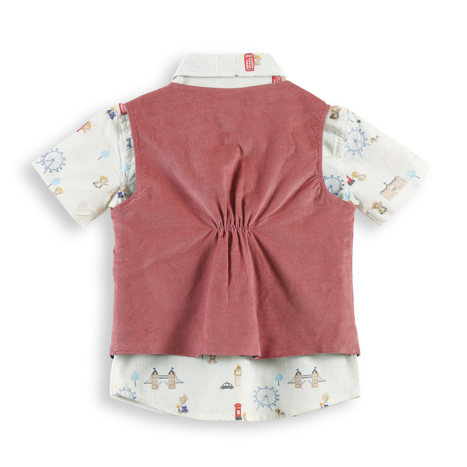 "Baby Boys Rust Corduroy Waistcoat & Pant Set with Printed Shirt & Bow Tie"