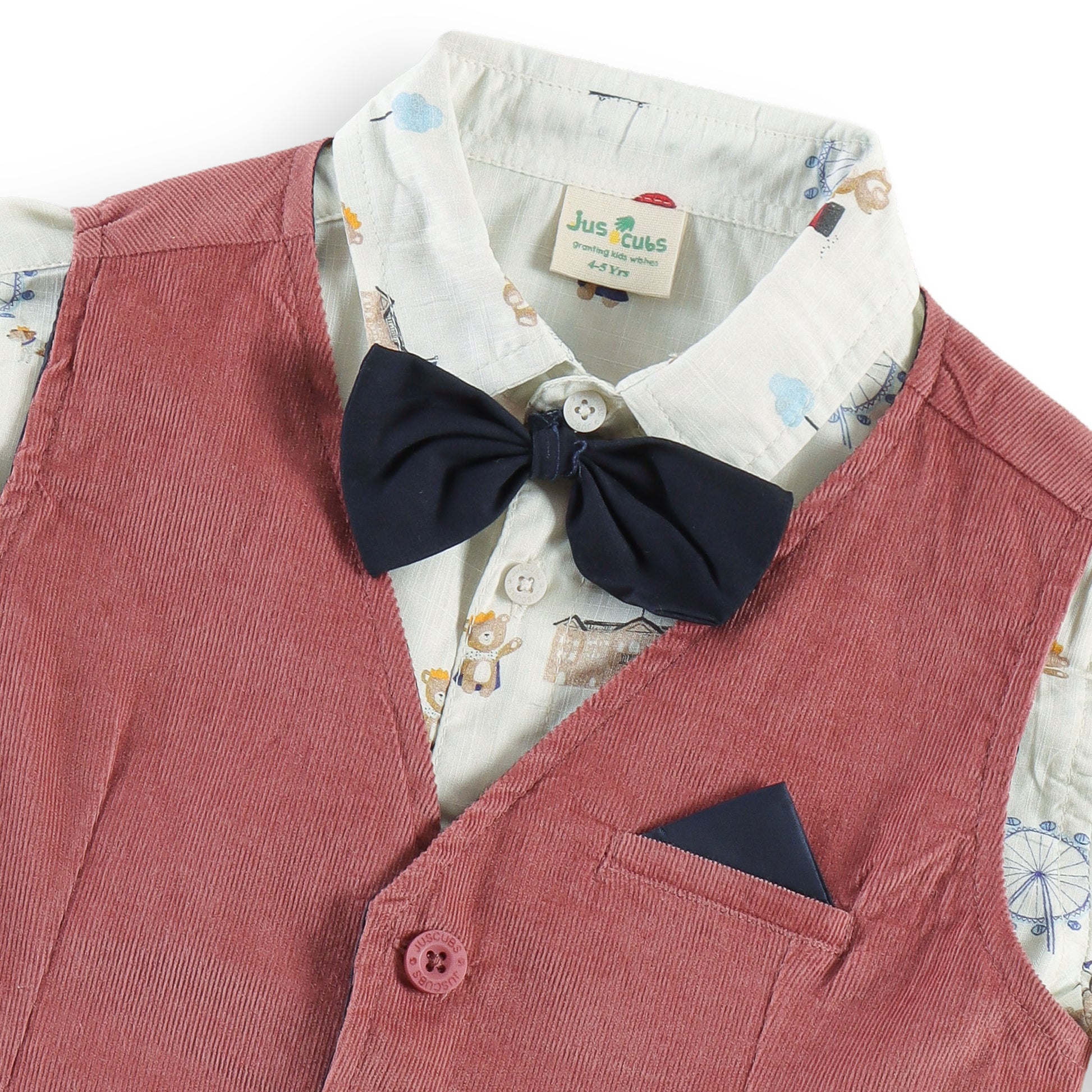"Baby Boys Rust Corduroy Waistcoat & Pant Set with Printed Shirt & Bow Tie"