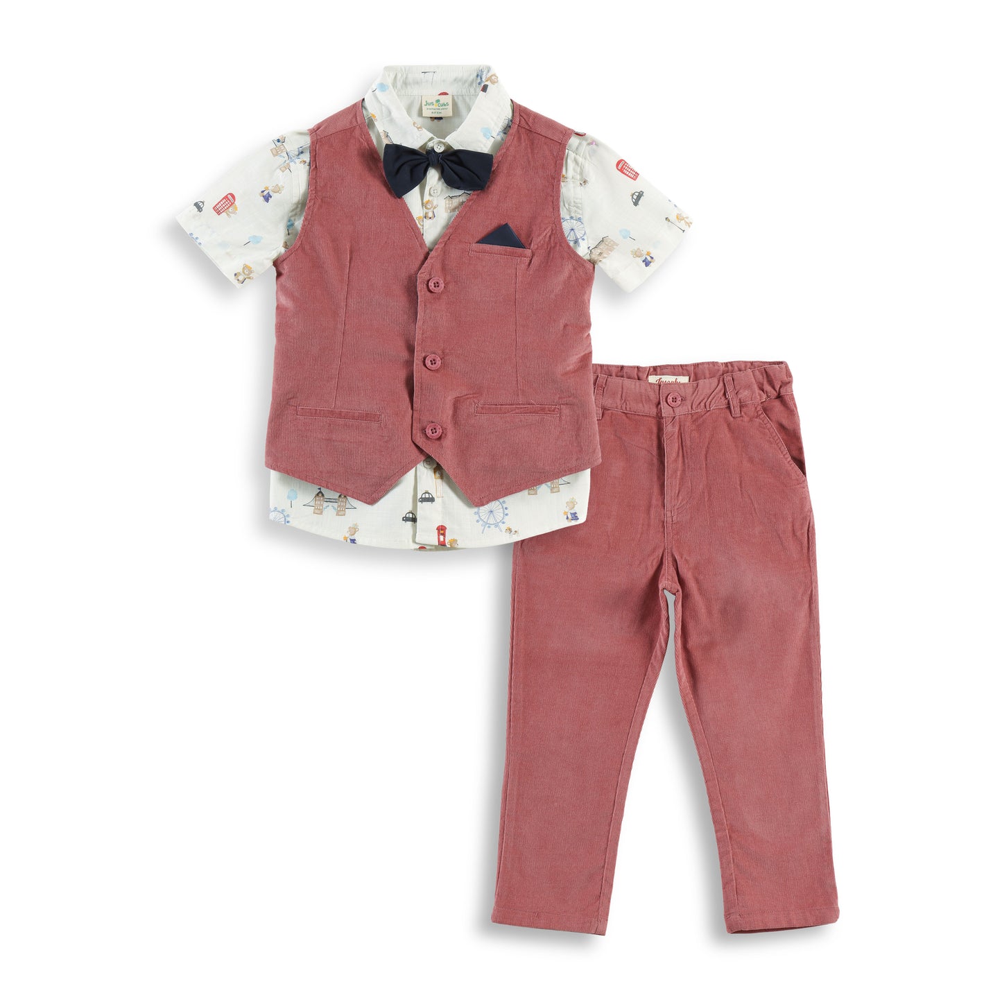 "Baby Boys Rust Corduroy Waistcoat & Pant Set with Printed Shirt & Bow Tie"