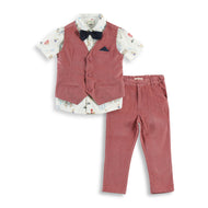 "Baby Boys Rust Corduroy Waistcoat & Pant Set with Printed Shirt & Bow Tie"