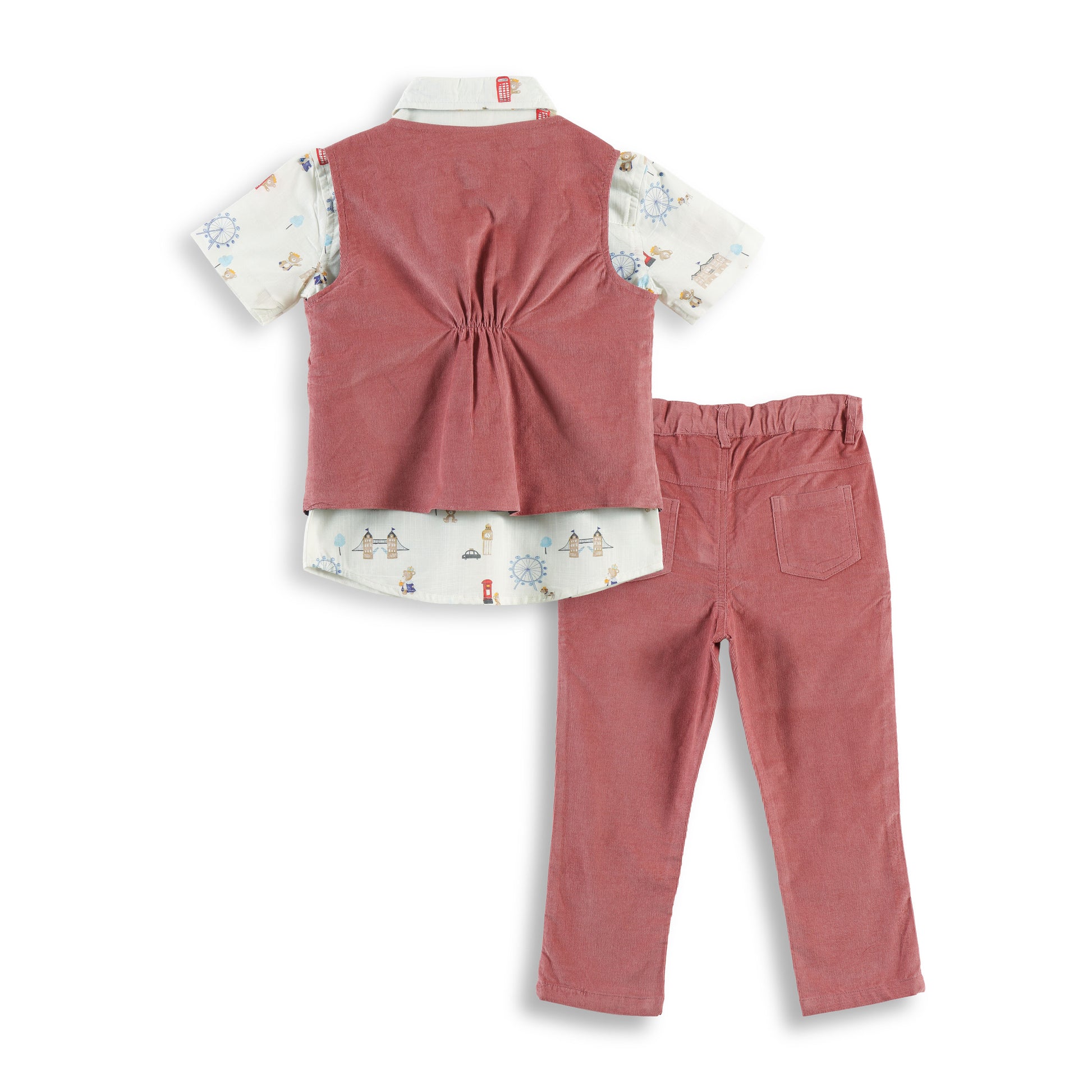 "Baby Boys Rust Corduroy Waistcoat & Pant Set with Printed Shirt & Bow Tie"