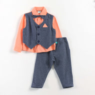 "Baby Boys Orange Shirt & Blue Waistcoat Party Wear 3-Piece Set with Bow Tie"