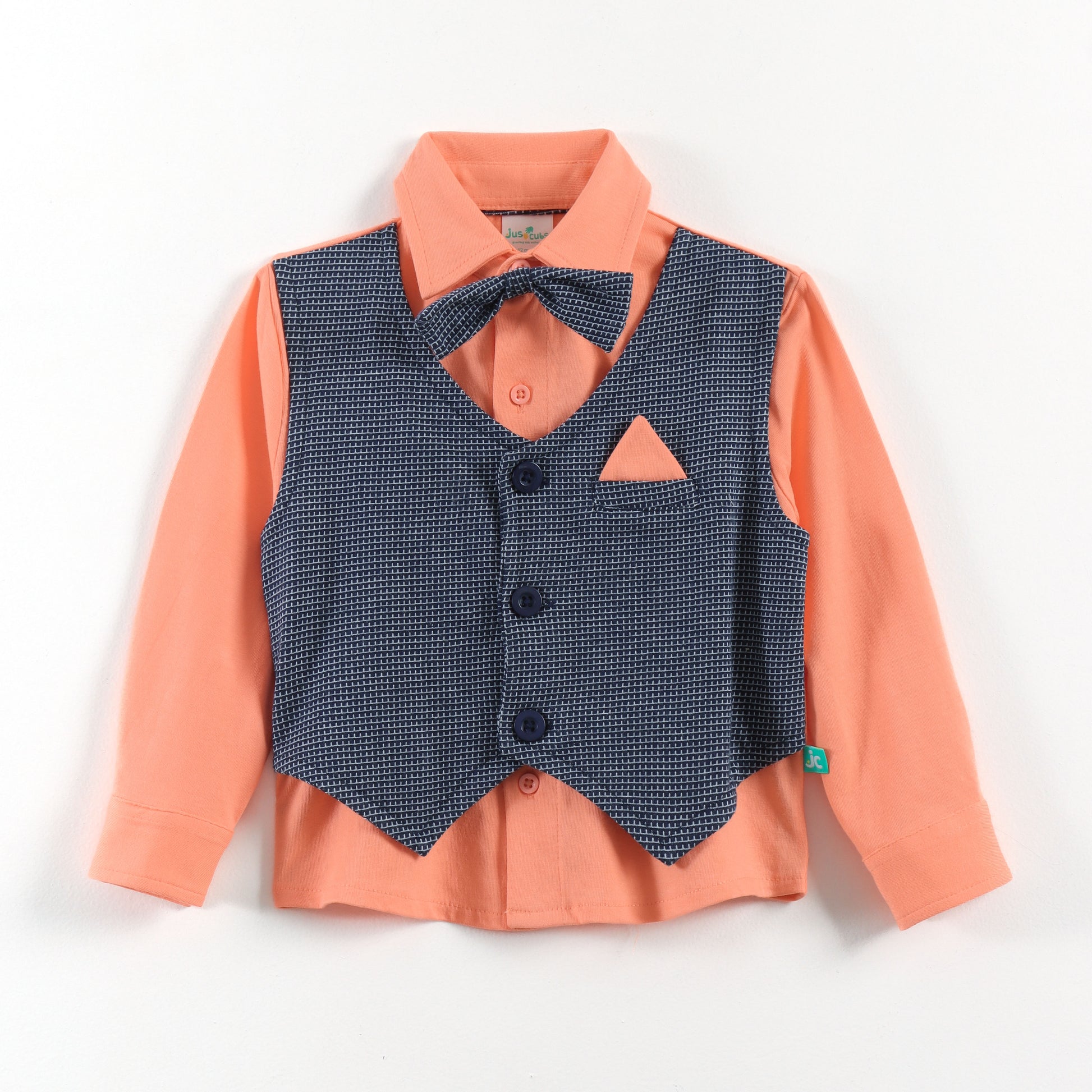 "Baby Boys Orange Shirt & Blue Waistcoat Party Wear 3-Piece Set with Bow Tie"
