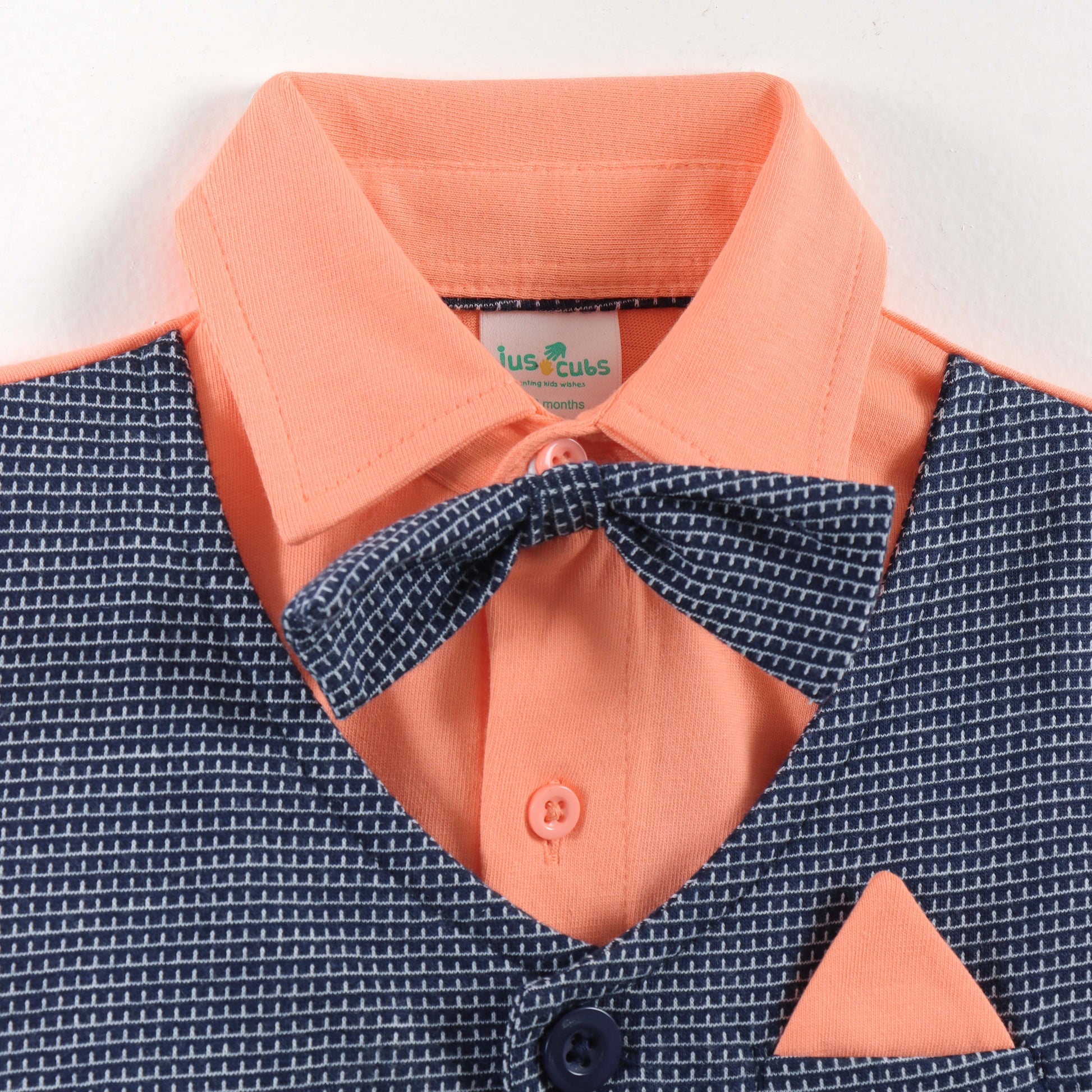 "Baby Boys Orange Shirt & Blue Waistcoat Party Wear 3-Piece Set with Bow Tie"