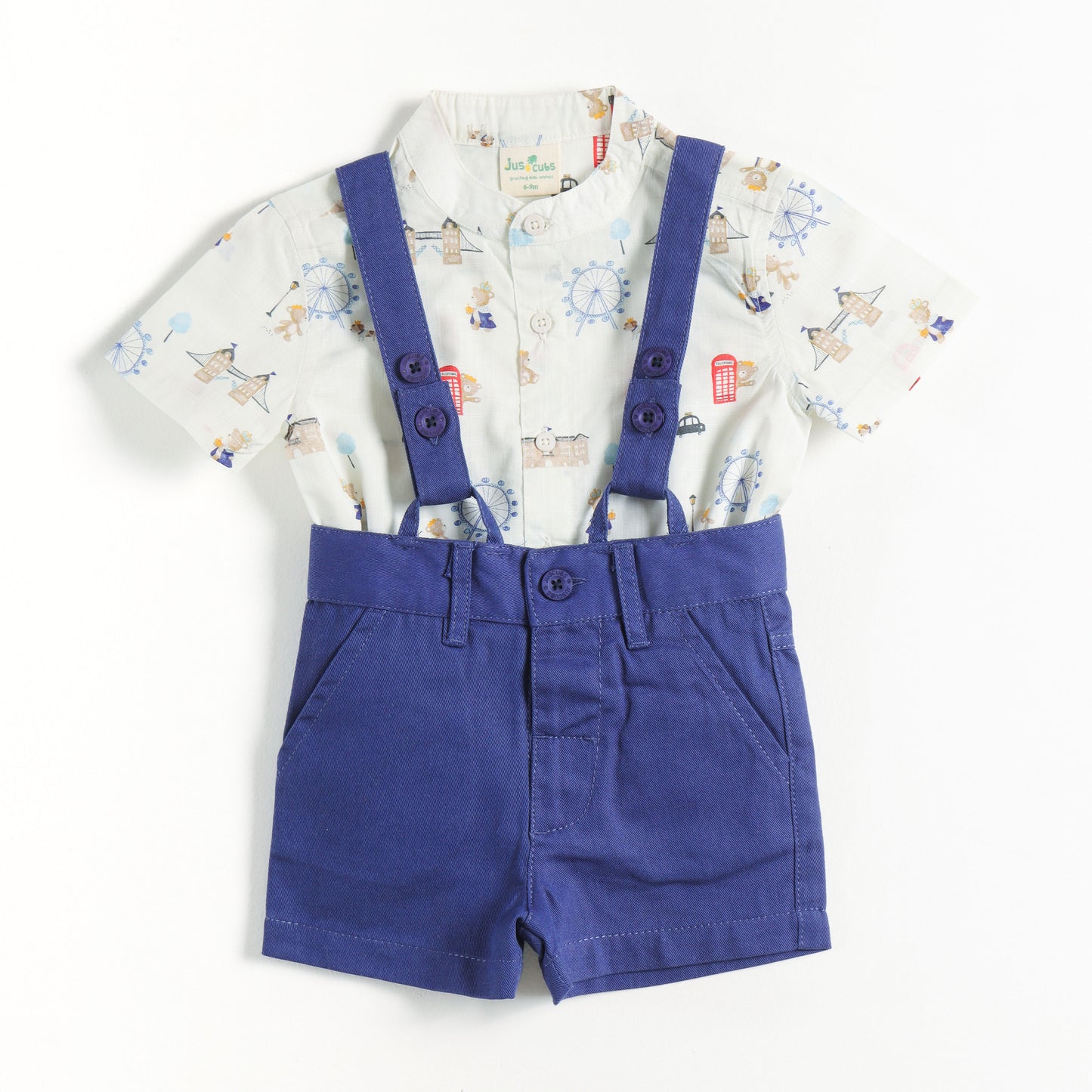 “Baby Boys Printed Shirt & Blue Suspender Shorts Set – Stylish Casual Wear"