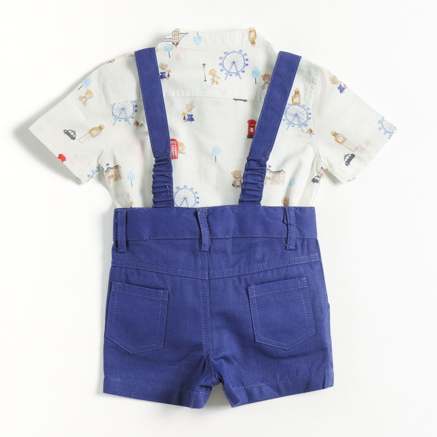 “Baby Boys Printed Shirt & Blue Suspender Shorts Set – Stylish Casual Wear"