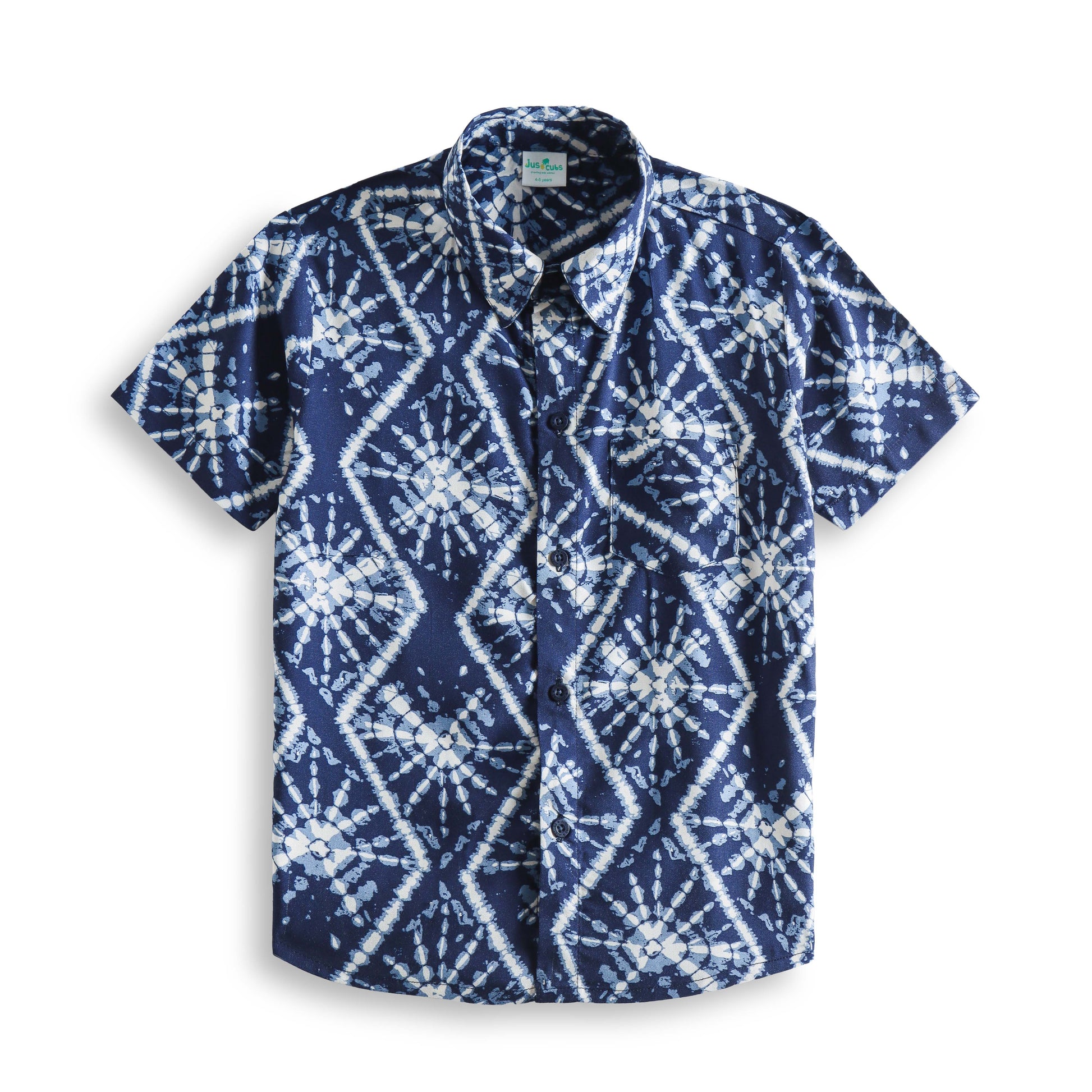 "Boys’ Navy Tie-Dye Printed Short Sleeve Button-Down Shirt – Stylish Indigo Geometric Pattern Casual Wear"