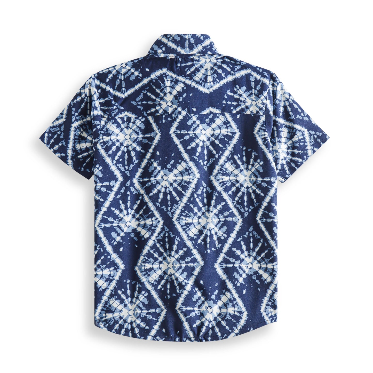 "Boys’ Navy Tie-Dye Printed Short Sleeve Button-Down Shirt – Stylish Indigo Geometric Pattern Casual Wear"