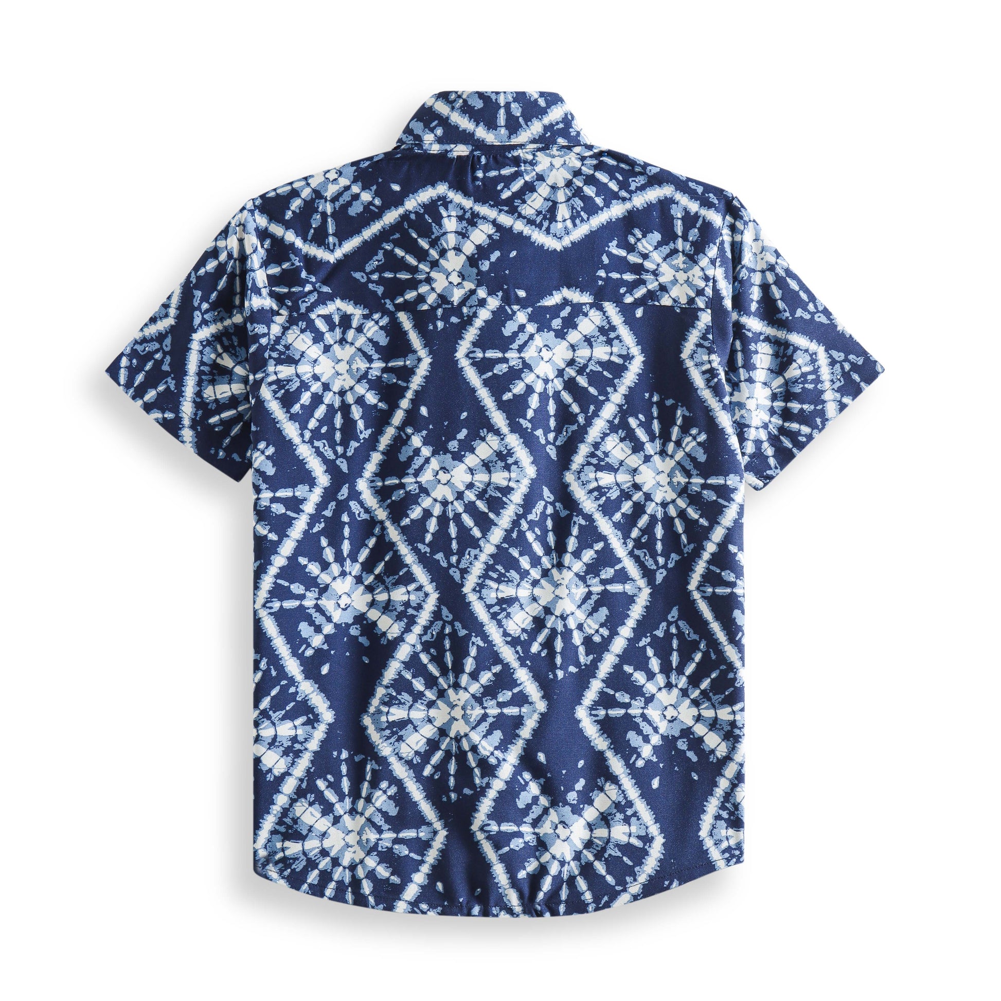 "Boys’ Navy Tie-Dye Printed Short Sleeve Button-Down Shirt – Stylish Indigo Geometric Pattern Casual Wear"