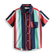 "Boys’ Multicolor Vertical Stripe Short Sleeve Shirt – Stylish Navy, Red & Mint Button-Down Casual Wear"