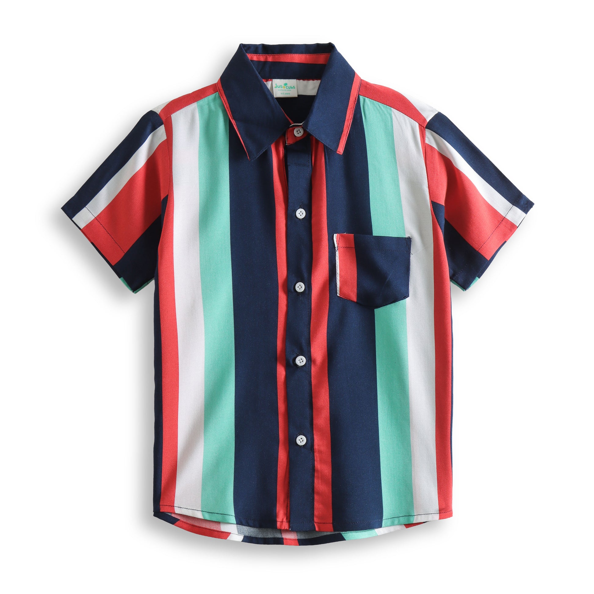 "Boys’ Multicolor Vertical Stripe Short Sleeve Shirt – Stylish Navy, Red & Mint Button-Down Casual Wear"