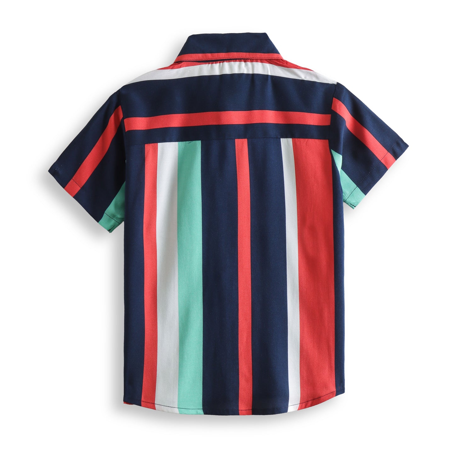 "Boys’ Multicolor Vertical Stripe Short Sleeve Shirt – Stylish Navy, Red & Mint Button-Down Casual Wear"