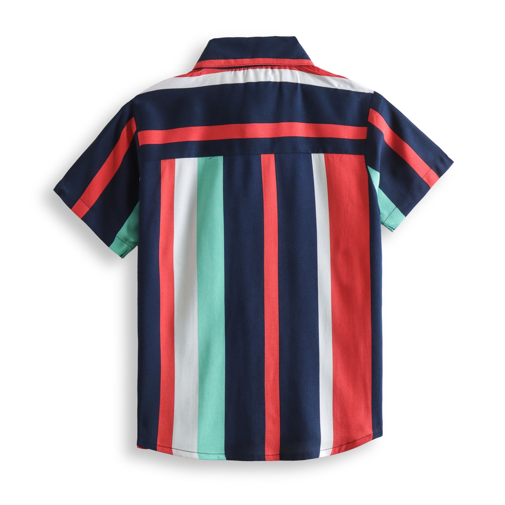 "Boys’ Multicolor Vertical Stripe Short Sleeve Shirt – Stylish Navy, Red & Mint Button-Down Casual Wear"