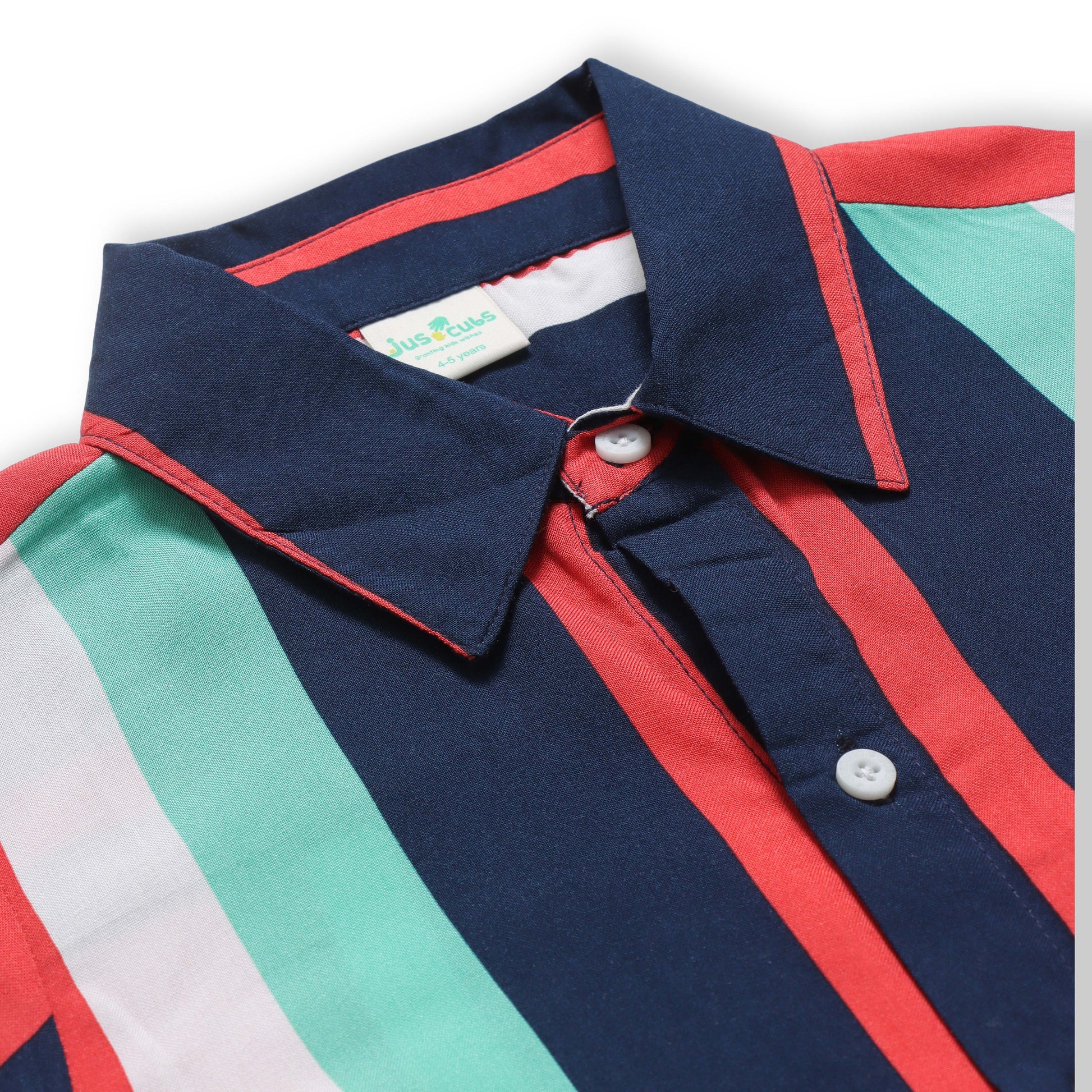"Boys’ Multicolor Vertical Stripe Short Sleeve Shirt – Stylish Navy, Red & Mint Button-Down Casual Wear"