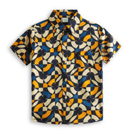 "Boys’ Geometric Print Short Sleeve Shirt – Stylish Multicolor Abstract Pattern Button-Down Casual Wear"