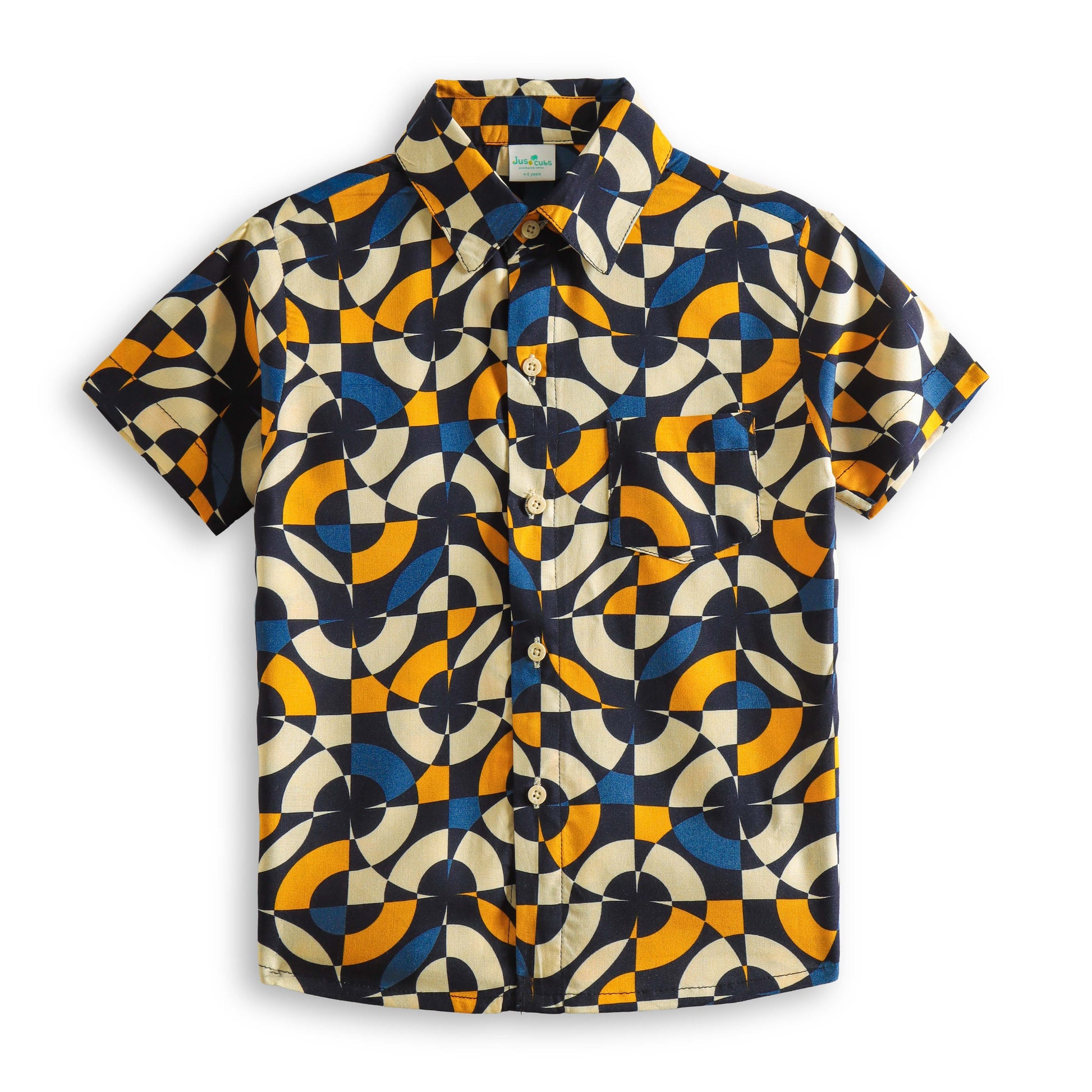 "Boys’ Geometric Print Short Sleeve Shirt – Stylish Multicolor Abstract Pattern Button-Down Casual Wear"
