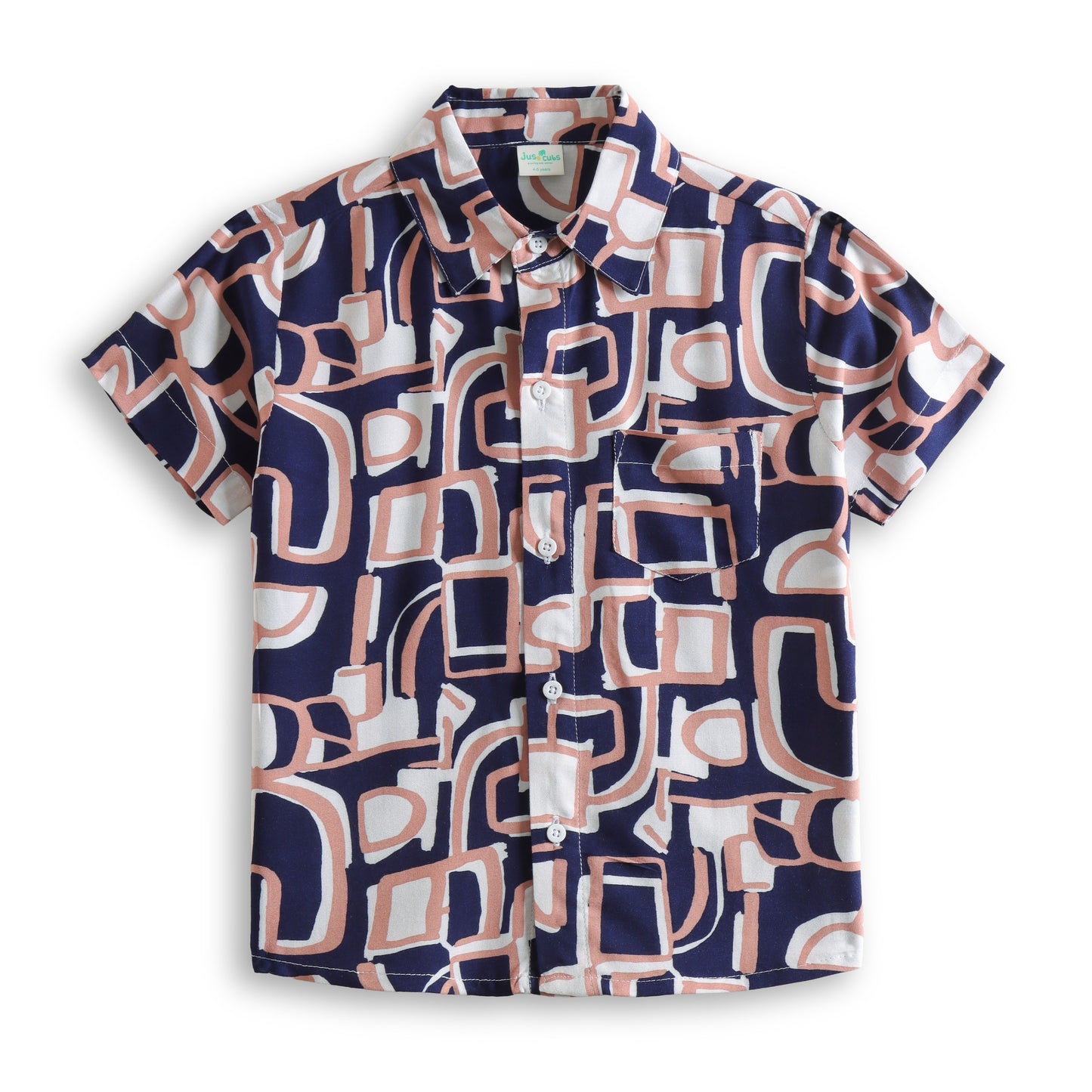 "Boys’ Stylish Printed Shirt – Navy, Peach & White Abstract Design"