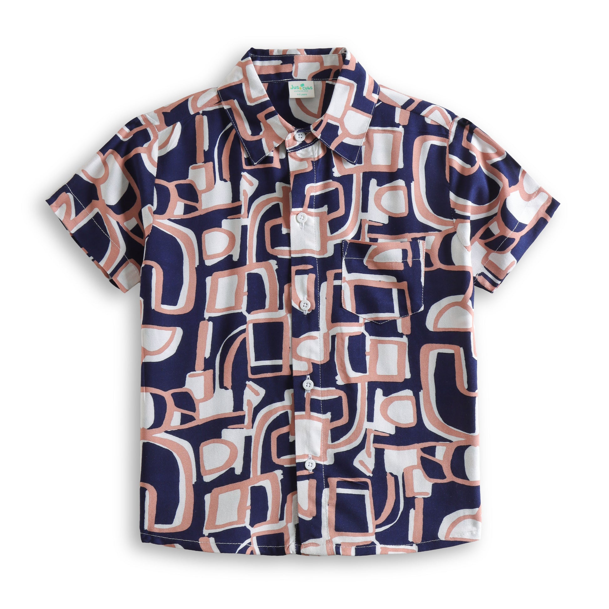 "Boys’ Stylish Printed Shirt – Navy, Peach & White Abstract Design"