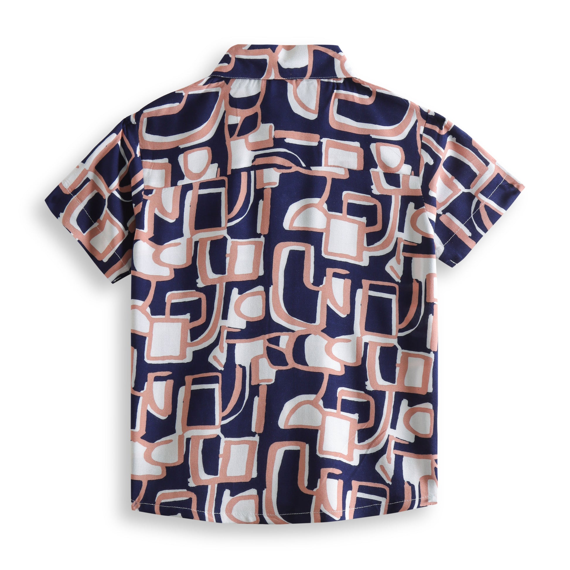 "Boys’ Stylish Printed Shirt – Navy, Peach & White Abstract Design"