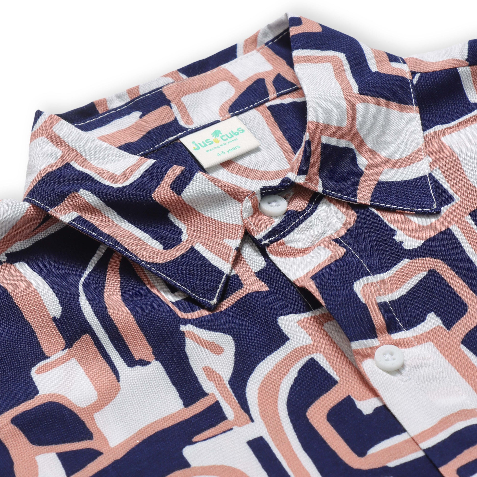 "Boys’ Stylish Printed Shirt – Navy, Peach & White Abstract Design"