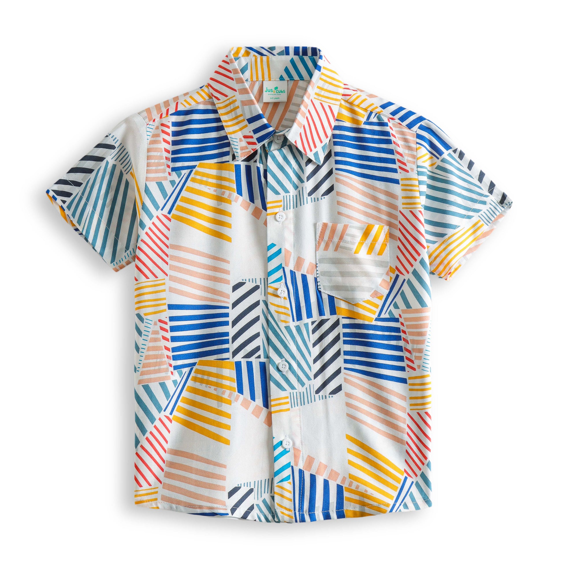 "Boys’ Multicolor Vibrant Geometric Striped Print Shirt – Short Sleeves"