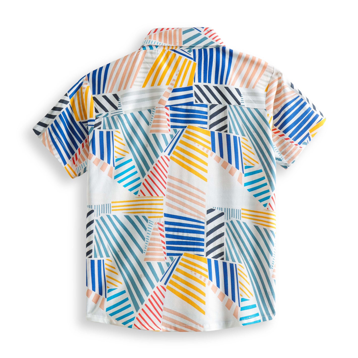 "Boys’ Multicolor Vibrant Geometric Striped Print Shirt – Short Sleeves"
