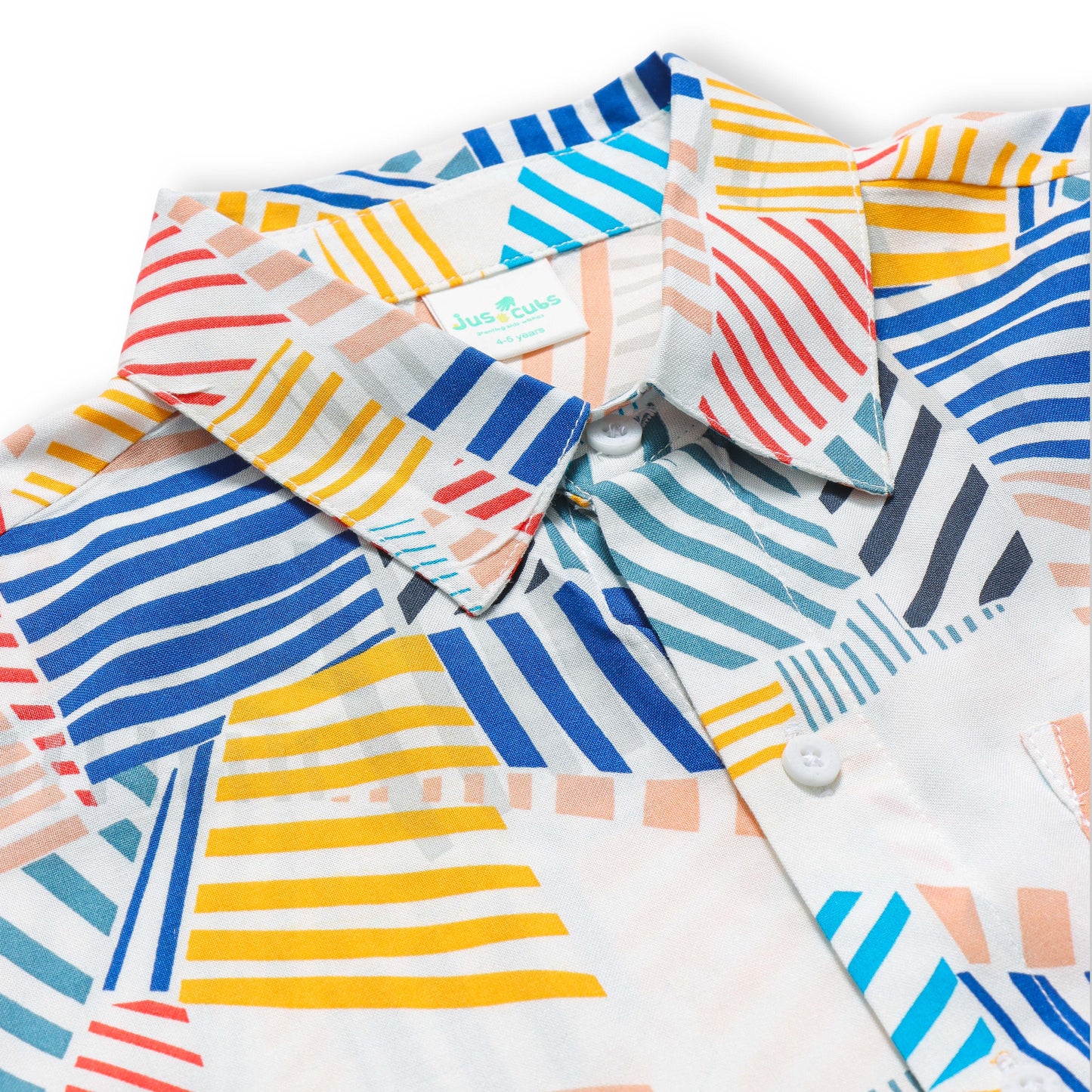 "Boys’ Multicolor Vibrant Geometric Striped Print Shirt – Short Sleeves"