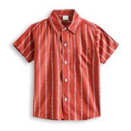 "Boys’ Rust Orange Vertical Stripe Short Sleeve Shirt – Stylish Casual Button-Down with White Line Pattern"