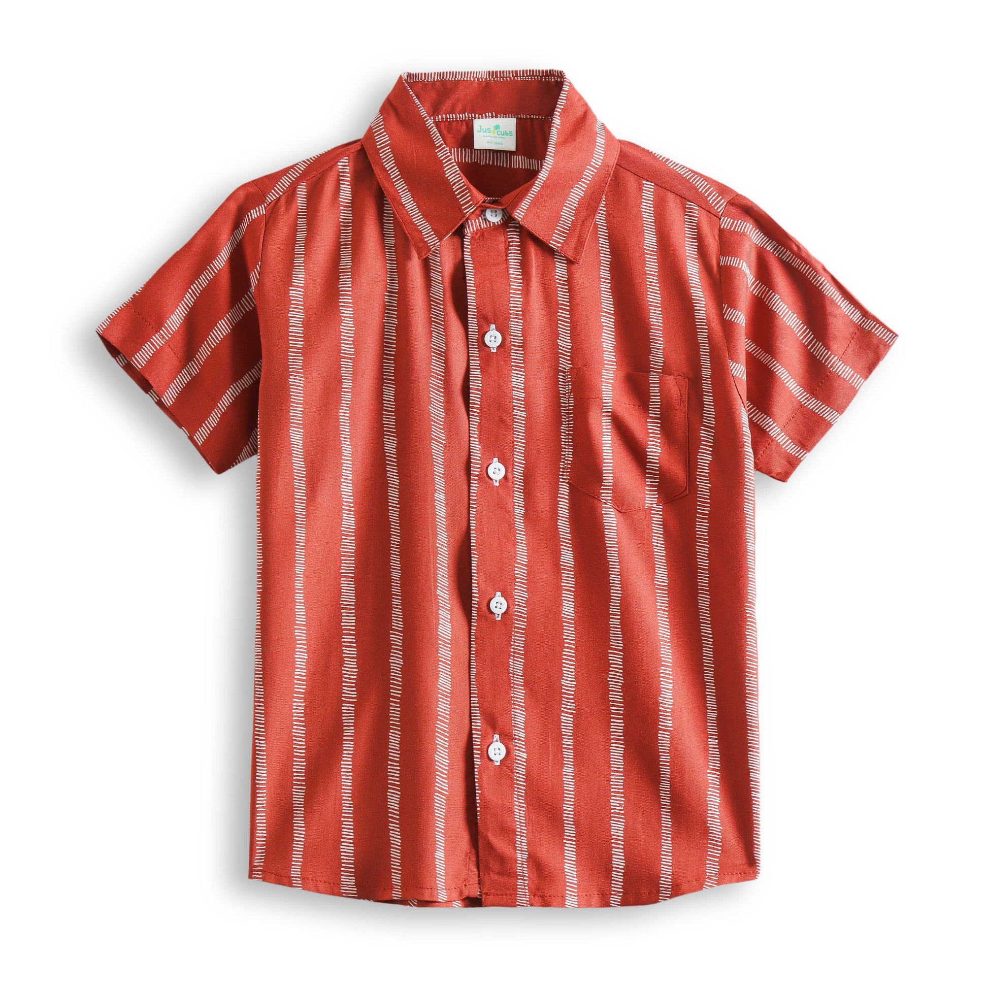 "Boys’ Rust Orange Vertical Stripe Short Sleeve Shirt – Stylish Casual Button-Down with White Line Pattern"
