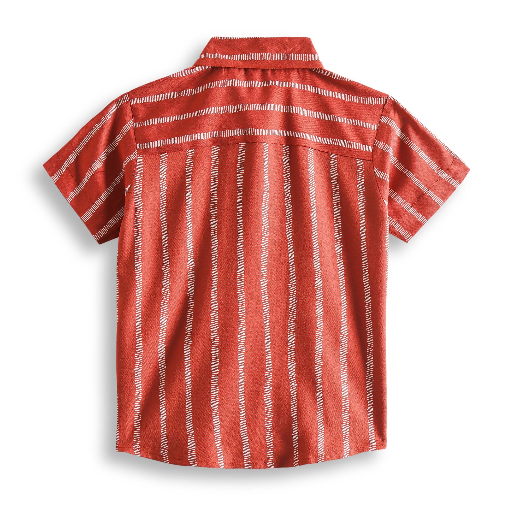 "Boys’ Rust Orange Vertical Stripe Short Sleeve Shirt – Stylish Casual Button-Down with White Line Pattern"