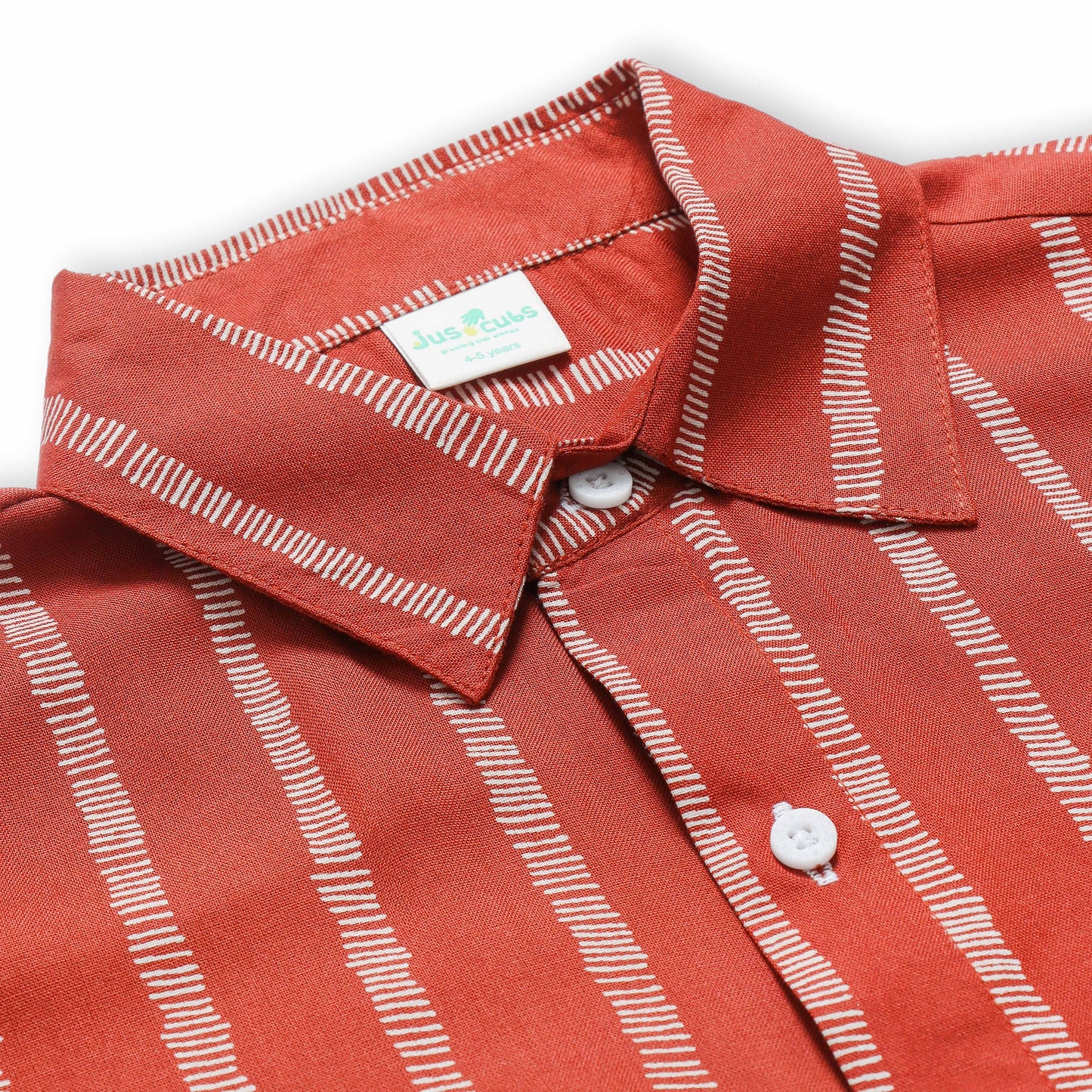 "Boys’ Rust Orange Vertical Stripe Short Sleeve Shirt – Stylish Casual Button-Down with White Line Pattern"