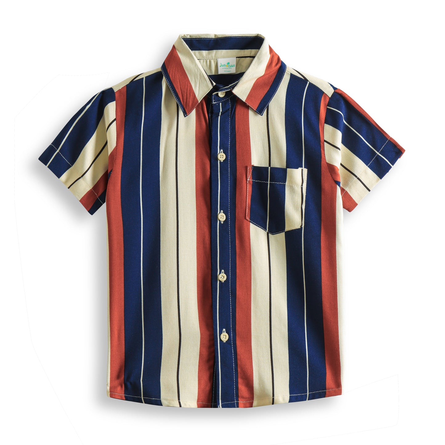 "Boys’ Multicolor Vertical Striped Short Sleeve Casual Wear Shirt Casual Wear -Blue, Red & Beige"