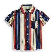 "Boys’ Multicolor Vertical Striped Short Sleeve Casual Wear Shirt Casual Wear -Blue, Red & Beige"