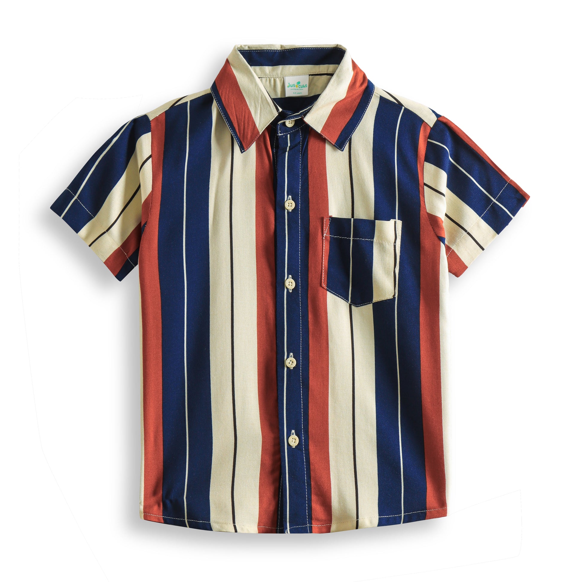 "Boys’ Multicolor Vertical Striped Short Sleeve Casual Wear Shirt Casual Wear -Blue, Red & Beige"