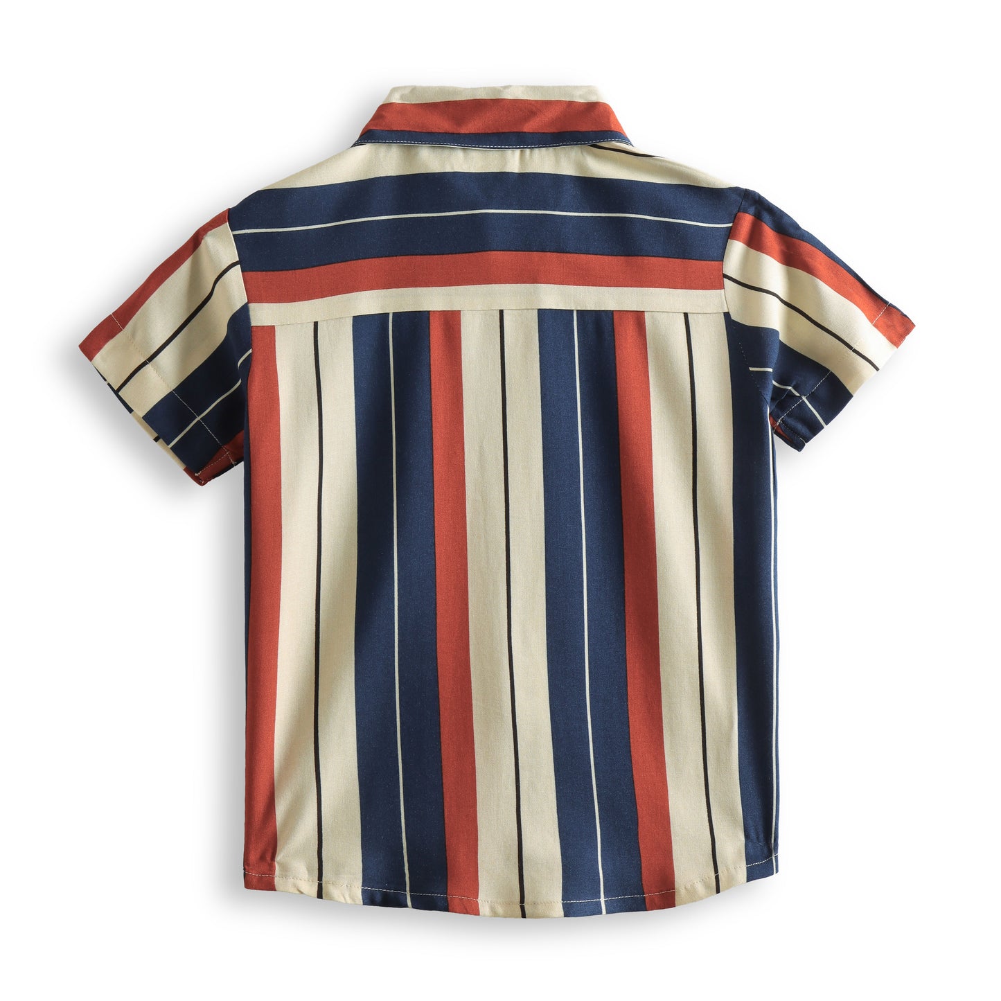 "Boys’ Multicolor Vertical Striped Short Sleeve Casual Wear Shirt Casual Wear -Blue, Red & Beige"