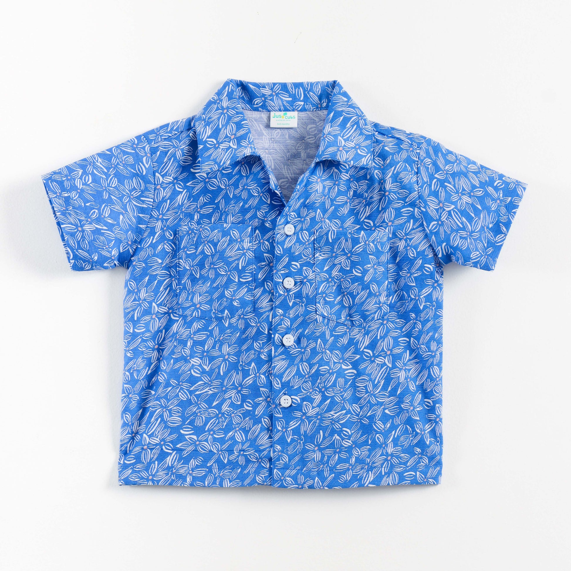 "Boys Blue Cotton Shirt with Allover Leaf Print – Half Sleeve Casual Wear"