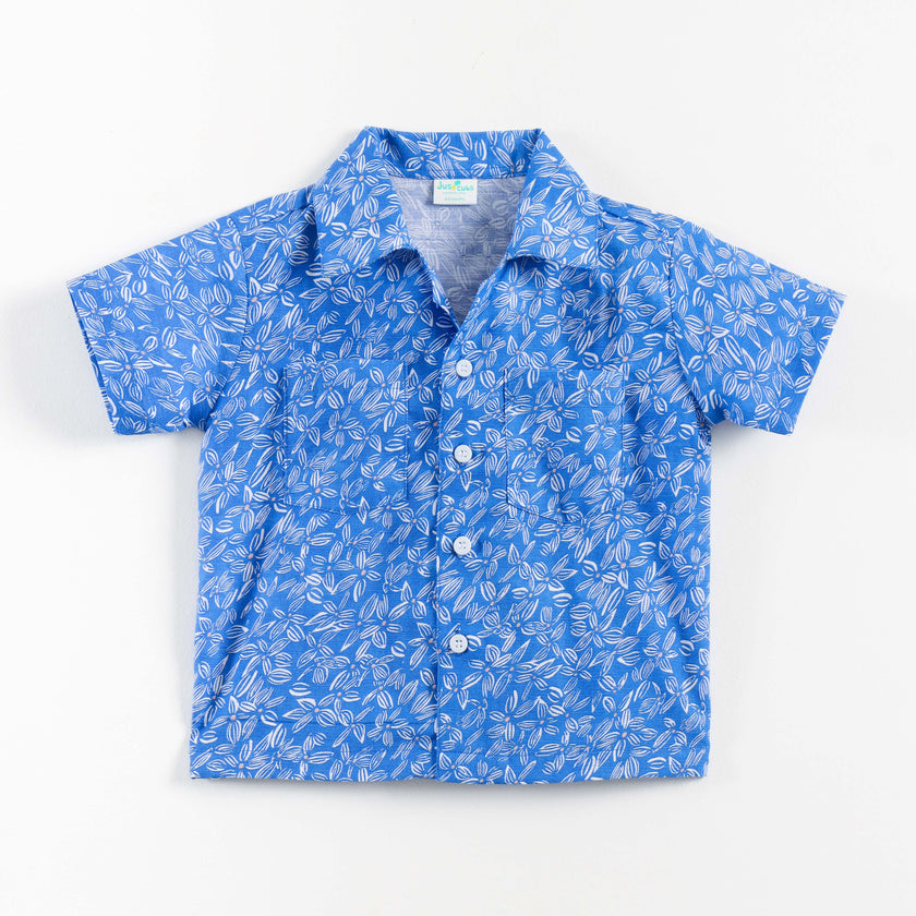 "Boys Blue Cotton Shirt with Allover Leaf Print – Half Sleeve Casual Wear"