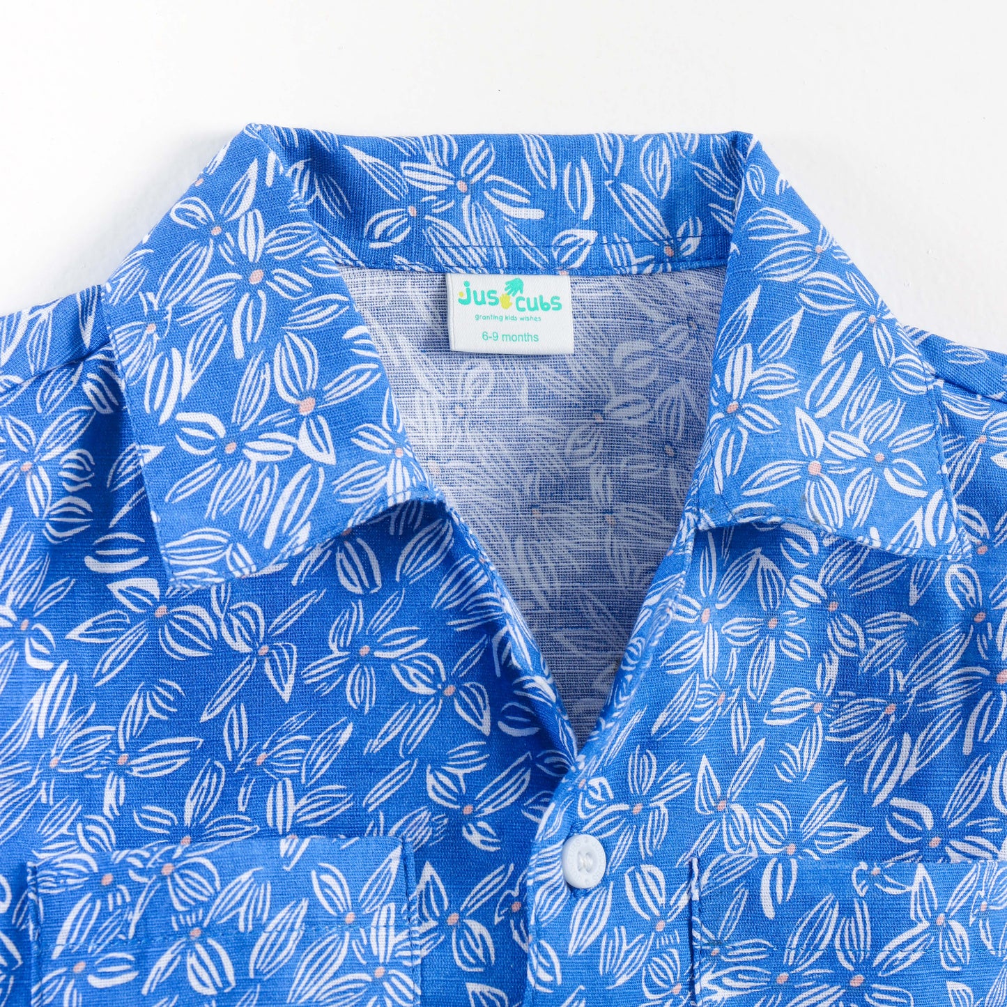 "Boys Blue Cotton Shirt with Allover Leaf Print – Half Sleeve Casual Wear"