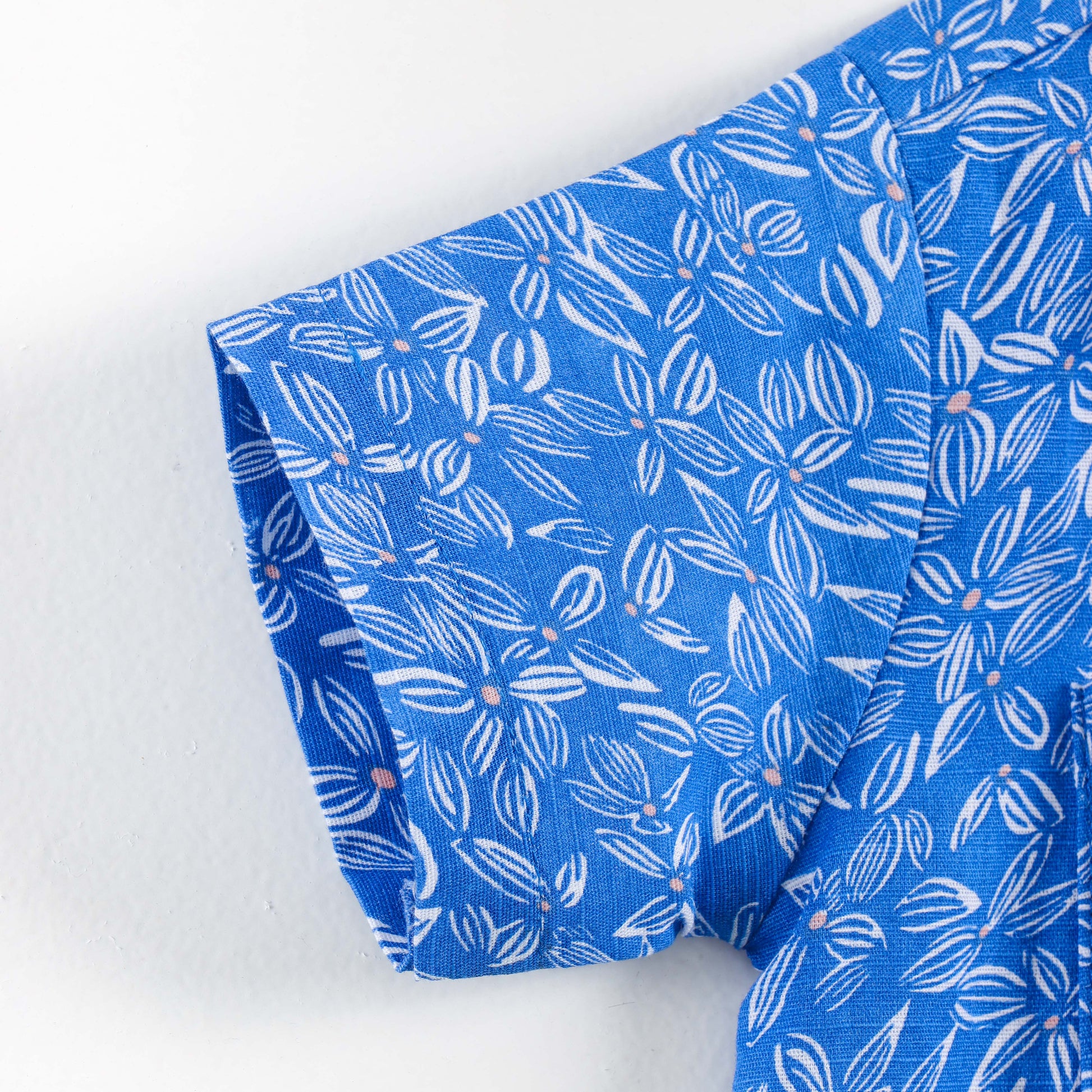 "Boys Blue Cotton Shirt with Allover Leaf Print – Half Sleeve Casual Wear"