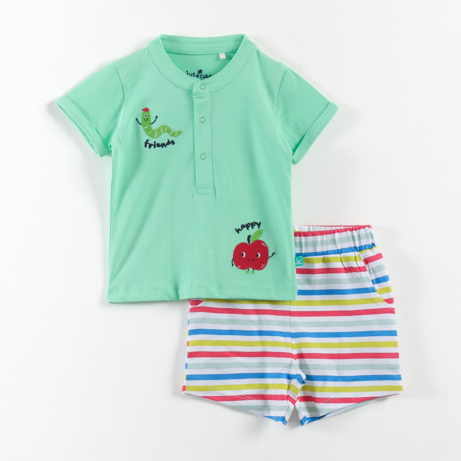 “Baby Boys Cotton Clothing Set – Green Henley T-shirt & Multi-Stripe Shorts"