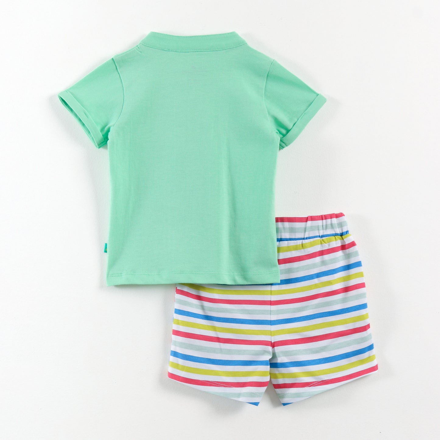 “Baby Boys Cotton Clothing Set – Green Henley T-shirt & Multi-Stripe Shorts"