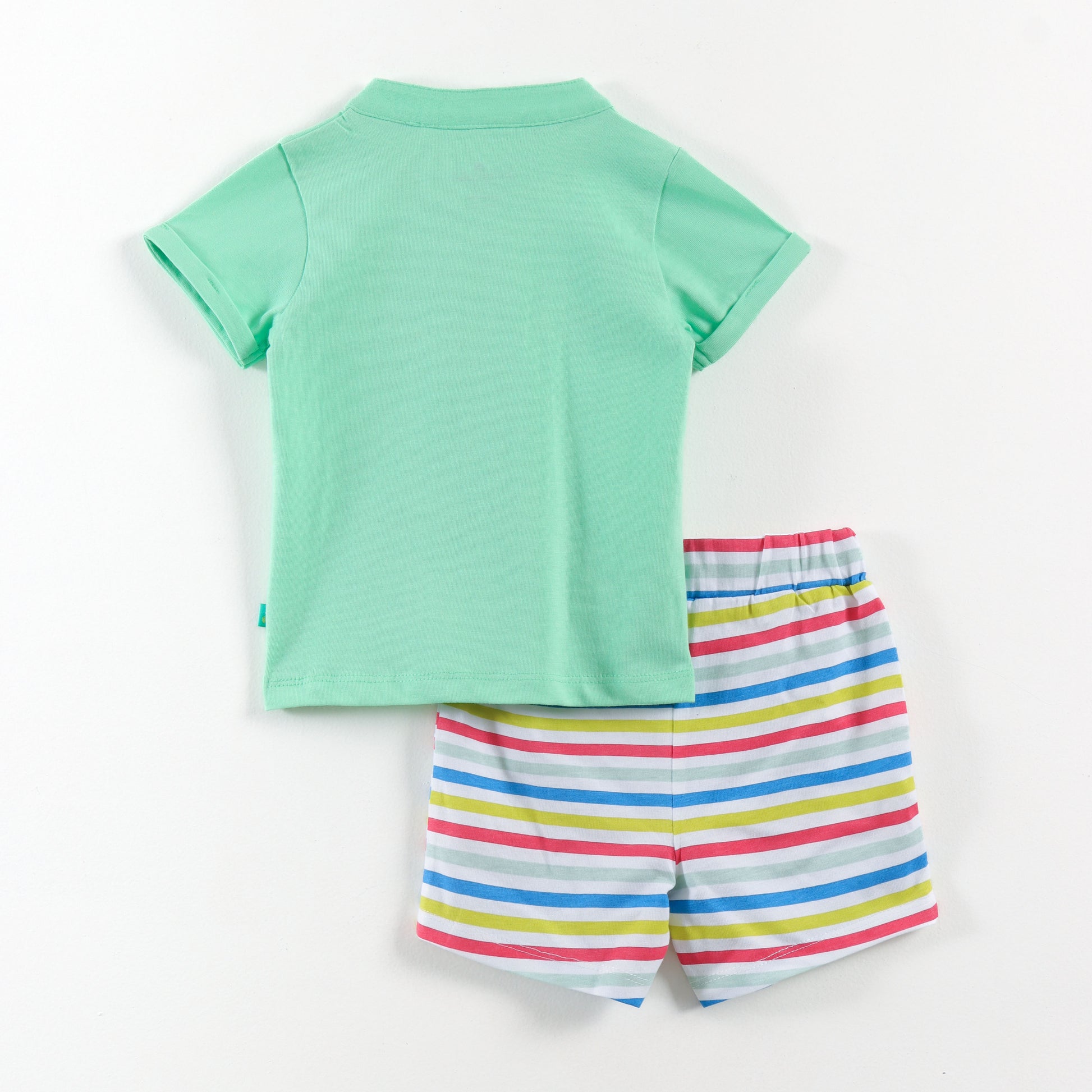 “Baby Boys Cotton Clothing Set – Green Henley T-shirt & Multi-Stripe Shorts"