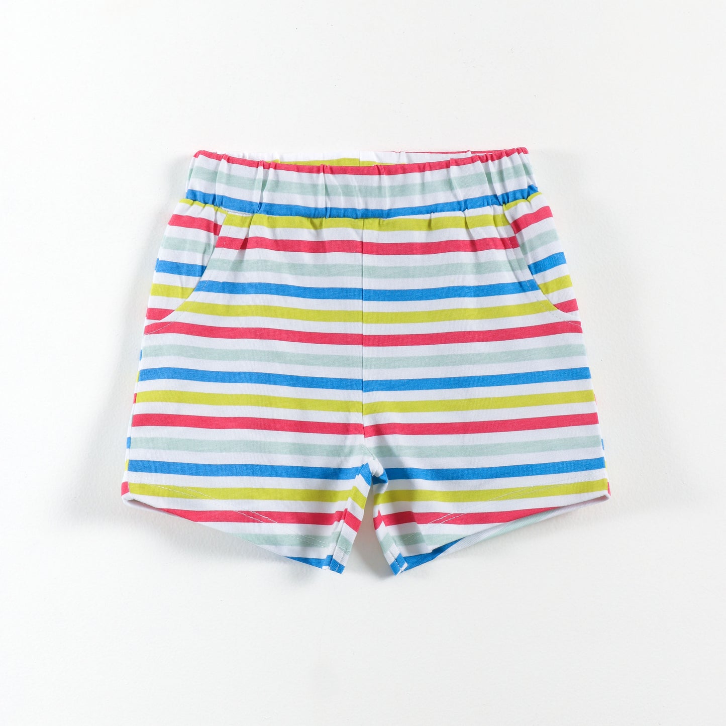 “Baby Boys Cotton Clothing Set – Green Henley T-shirt & Multi-Stripe Shorts"