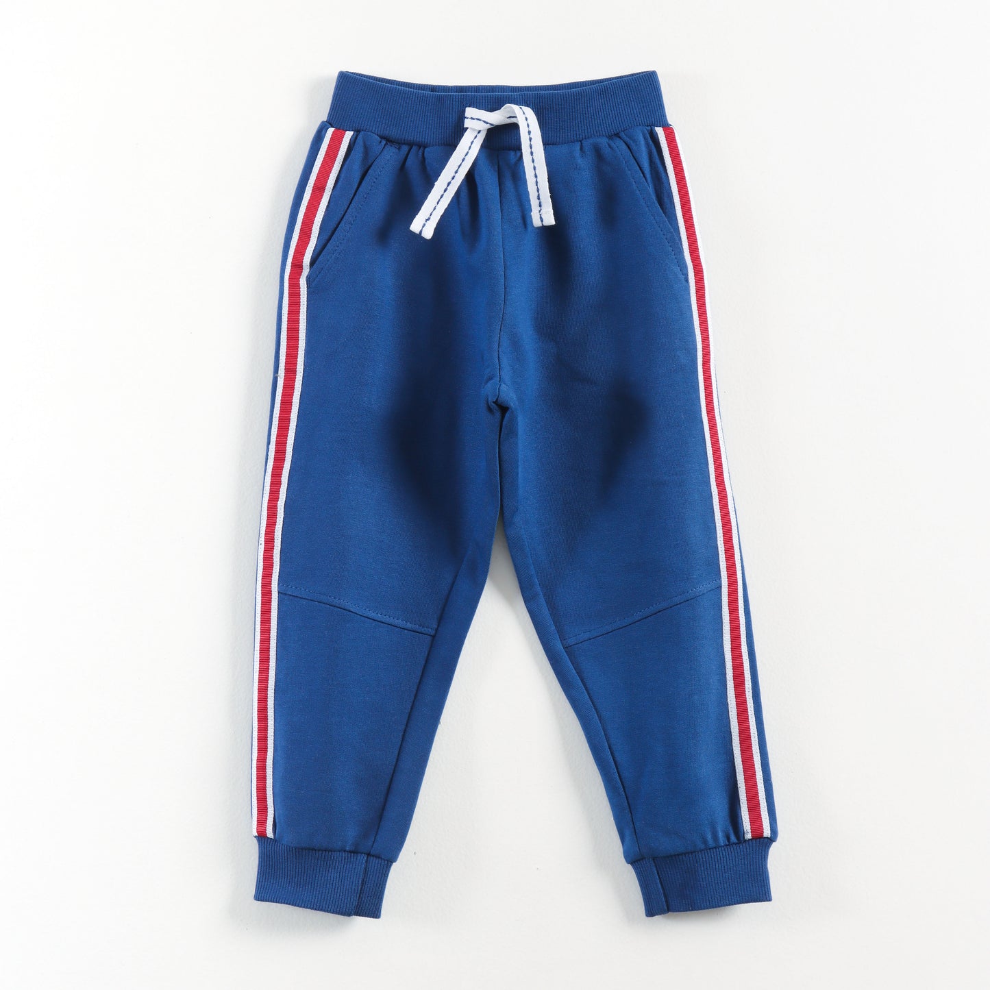 "Baby Boys Comfortable Cotton Royal Blue Joggers with Red & White Stripes"