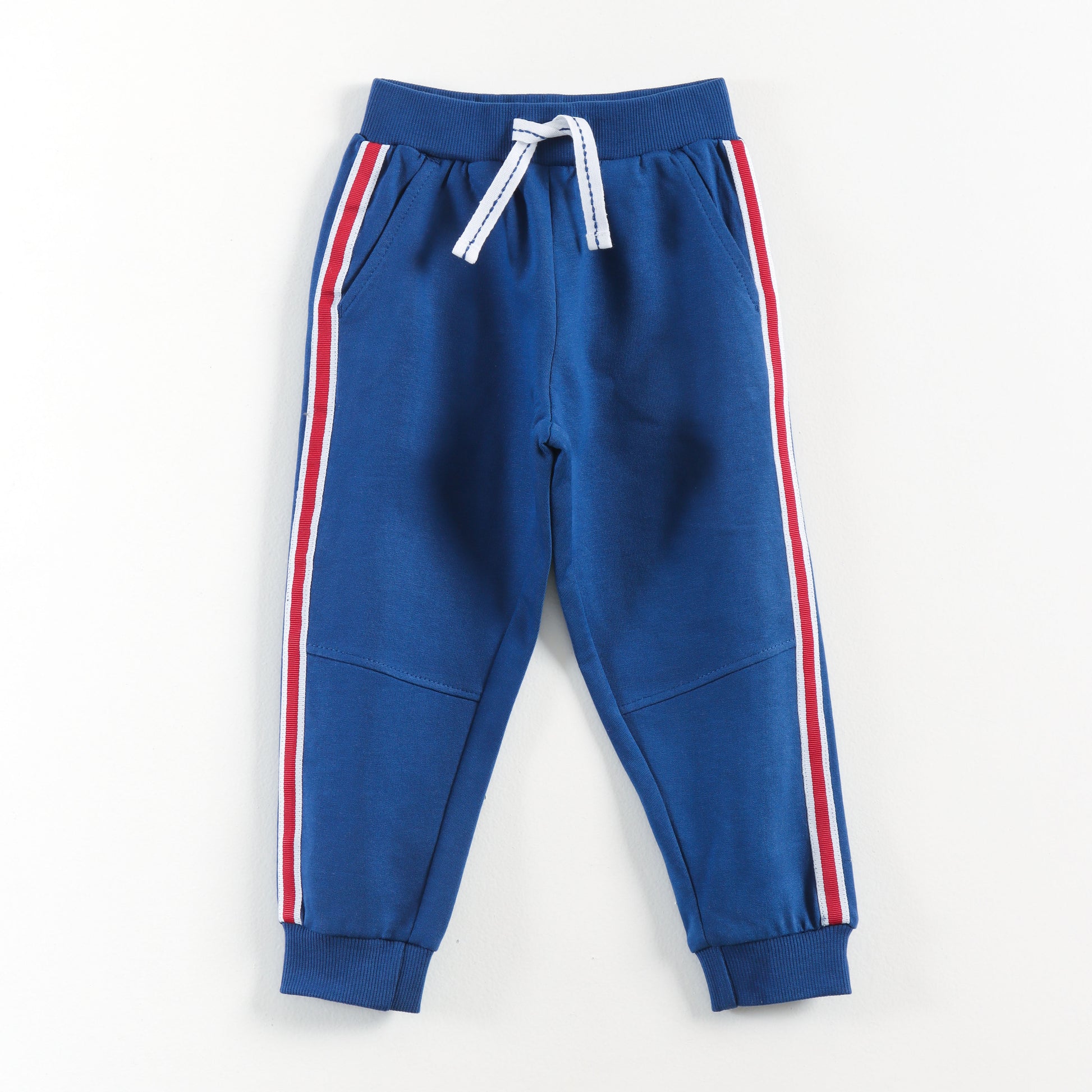 "Baby Boys Comfortable Cotton Royal Blue Joggers with Red & White Stripes"