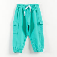 "Baby Boys Stylish Cargo Joggers | Teal | Soft Cotton Bottoms with Side Pockets"