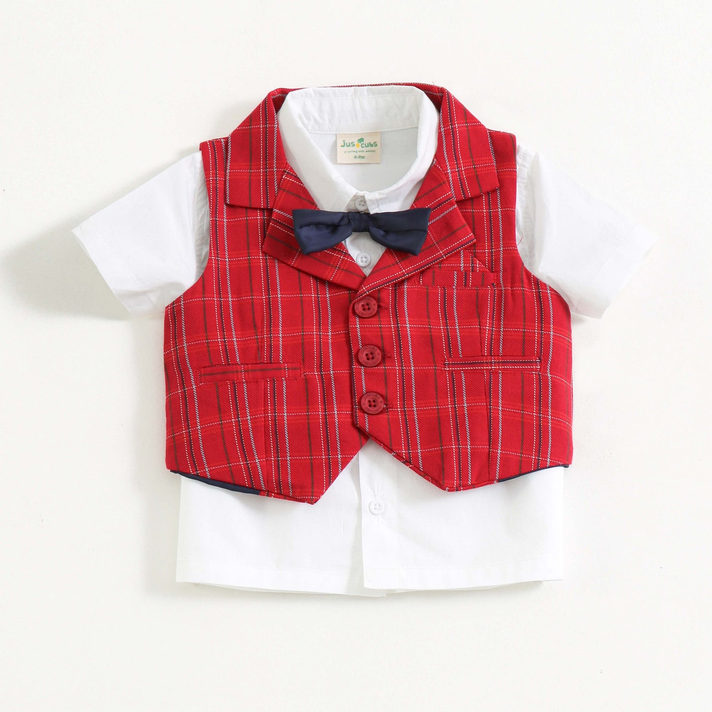 "Baby Boys Smart Party Outfit – Red Checks Waistcoat with White Shirt"